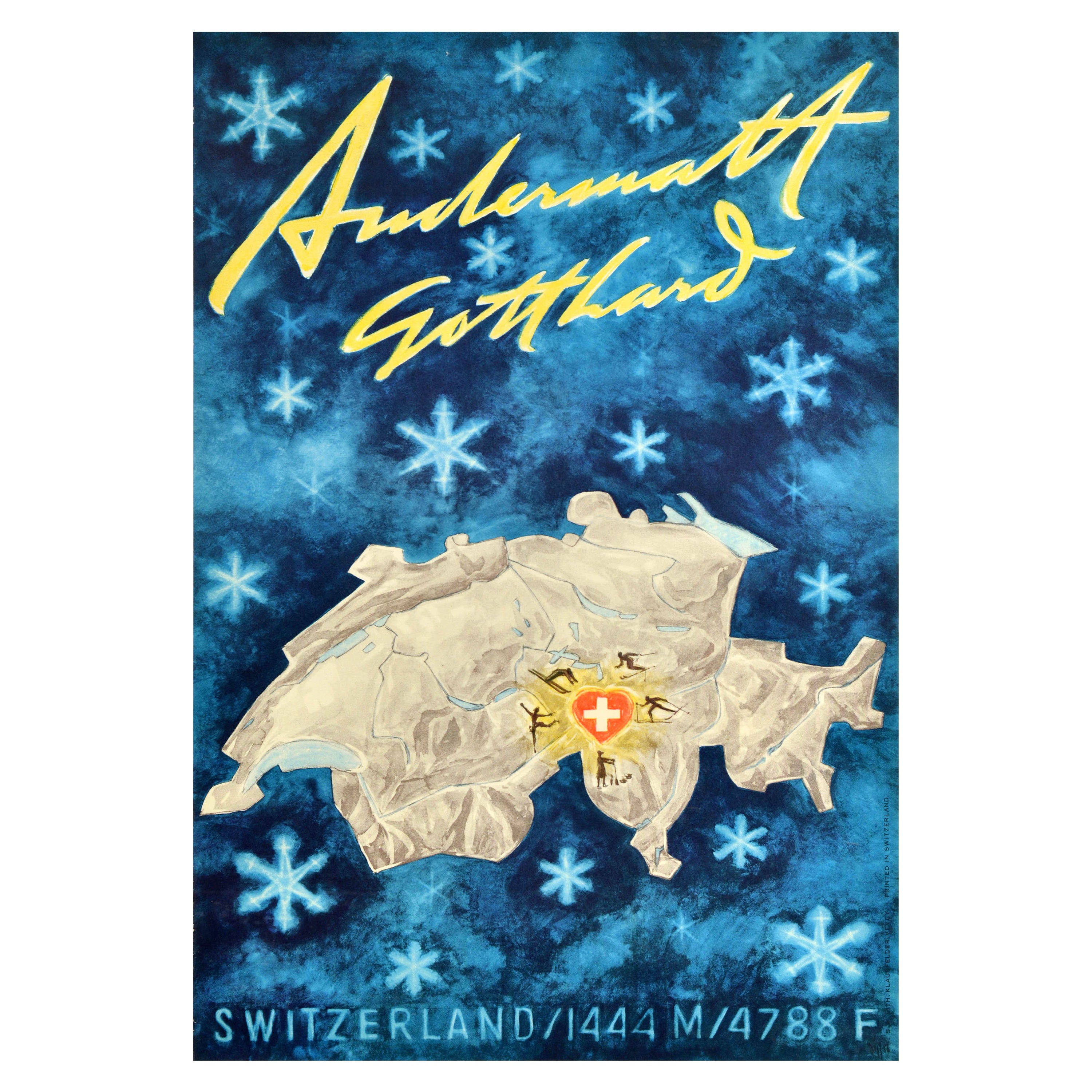 Original Vintage Winter Sports Travel Poster Andermatt Gotthard Switzerland Ski For Sale