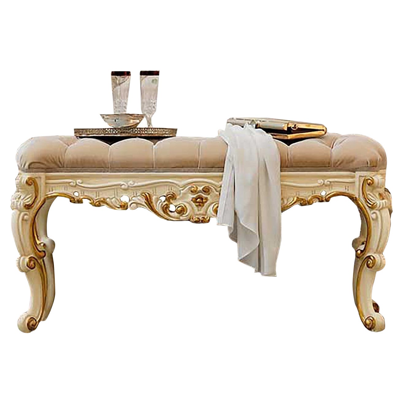 Banc de lit d'inspiration baroque du 21e siècle avec feuille d'or de Modenese