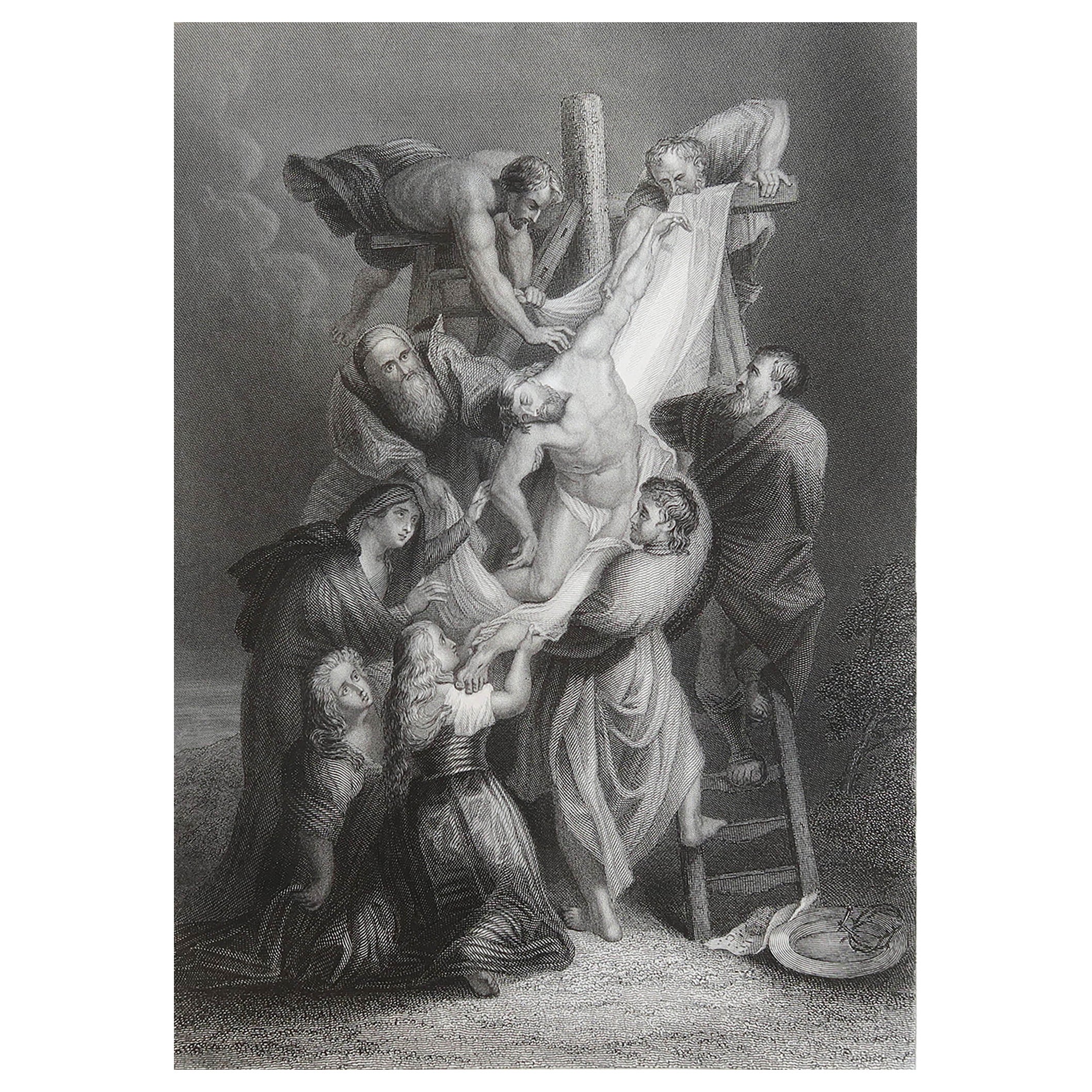 Impression ancienne originale d'après Rubens, Jésus-Christescent de la Croix, vers 1850