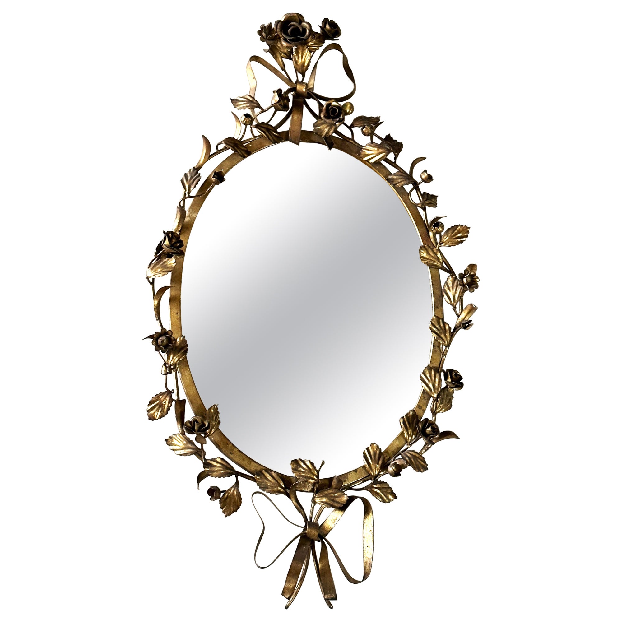 Mid-Century Floral Gilt Iron Wall Mirror, Italy 1950s For Sale