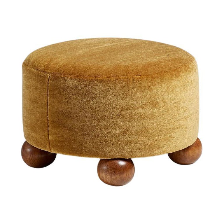 Custom Made Round Mohair Velvet Ottoman with Oak Ball Feet For Sale