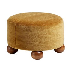 Vintage Custom Made Round Mohair Velvet Ottoman with Oak Ball Feet