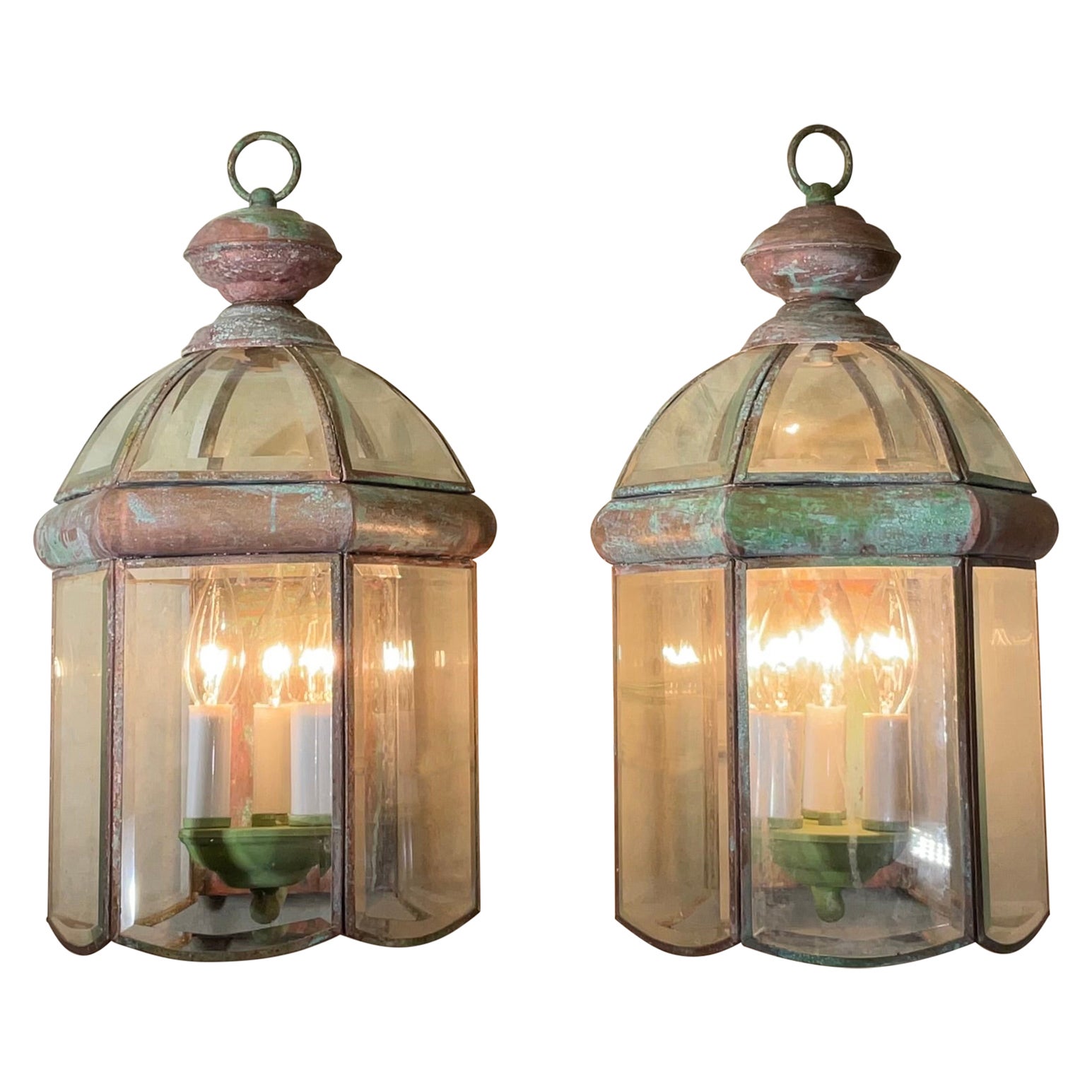 Pair of Vintage Solid Brass Beveled Glass Dome Wall Lantern