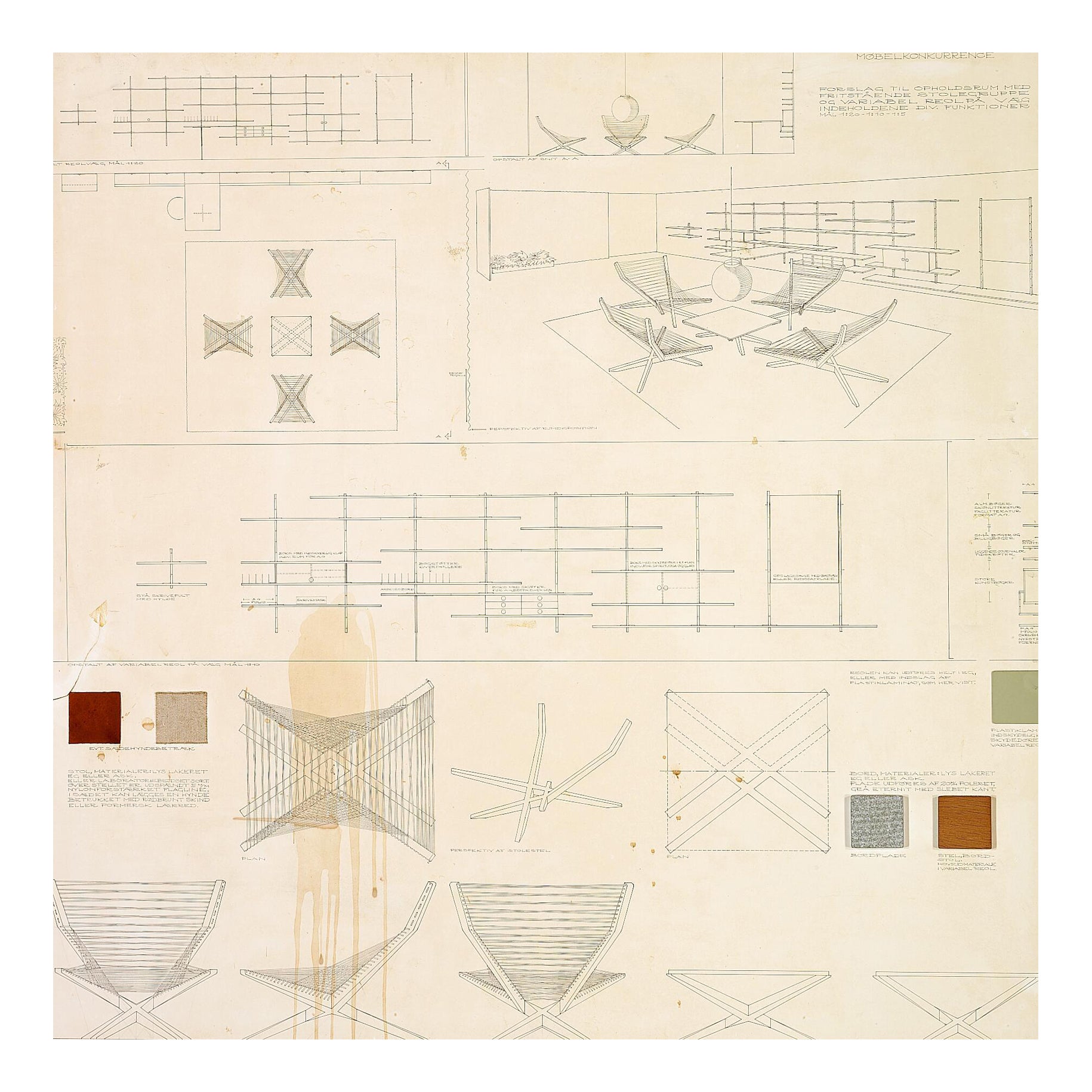 Jørgen Høvelskov: Competition entries, two boards of sketches of furniture 1966 For Sale