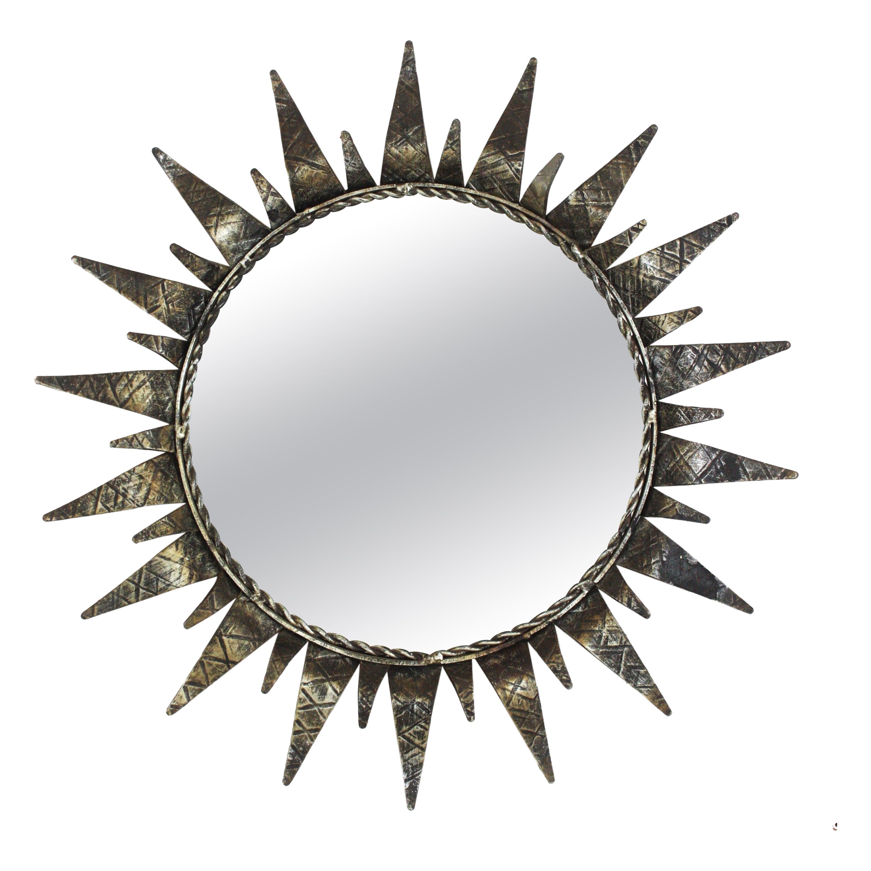 Spanish Sunburst Mirror in Silvered Wrought Iron, 1950s For Sale