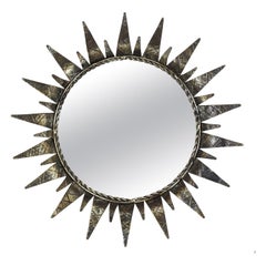 Vintage Spanish Sunburst Mirror in Silvered Wrought Iron, 1950s