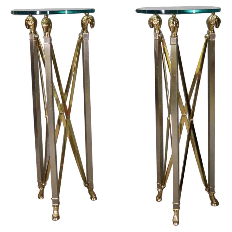 Pair of Solid Brass Thick Glass Top John Vesey Style Directoire Pedestals Stands