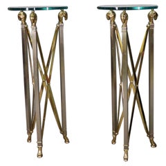 Pair of Solid Brass Thick Glass Top John Vesey Style Directoire Pedestals Stands