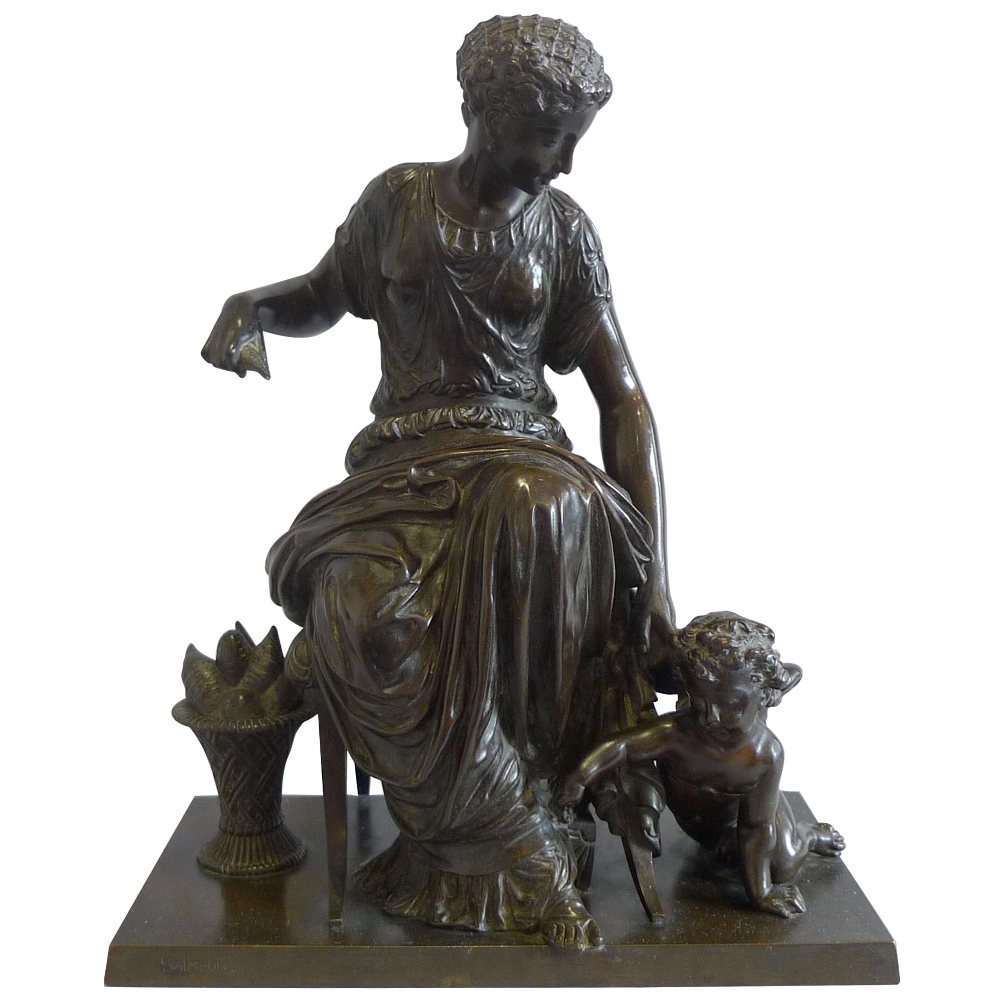 French patinated bronze group of woman and cupid by Jean Jules Salmson