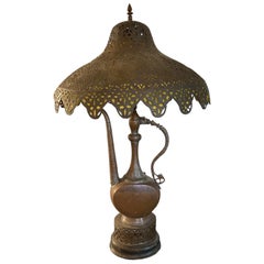 Antique All Original Moroccan Islamic Copper Ewer Lamp Pierced Metal Lampshade