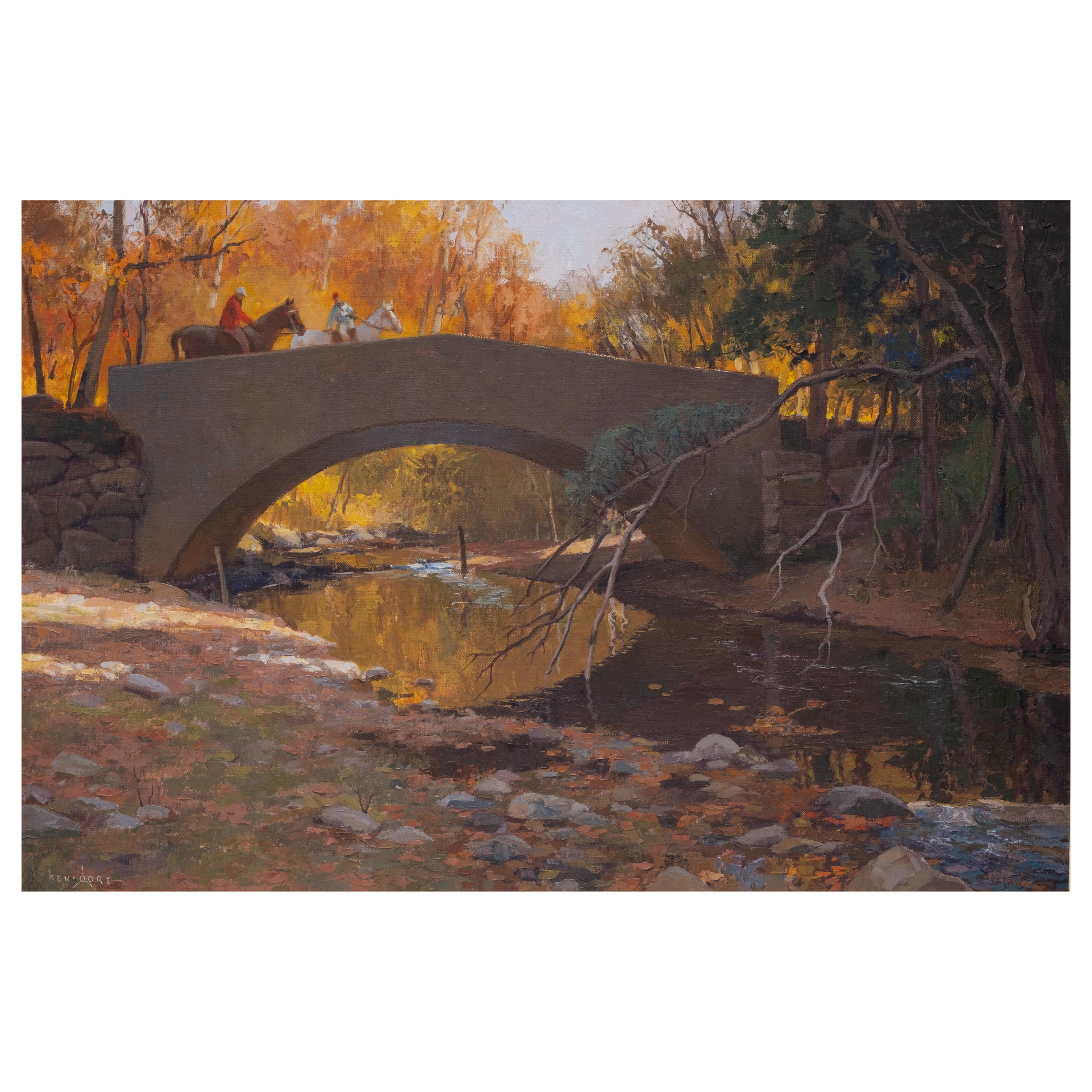 Signed Ken Gore Oil on Canvas Painting, "Riders on the Bridge" For Sale