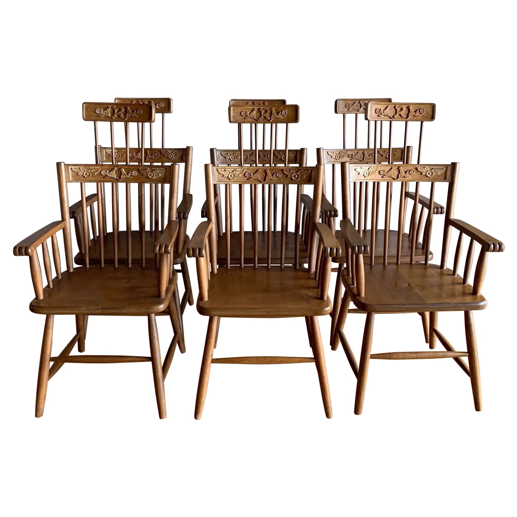 Handgeschnitzte Spindel-Vogelkäfig-Stühle mit Käfigrückenlehne, Blumen, Vögeln, 6er-Set, Vintage