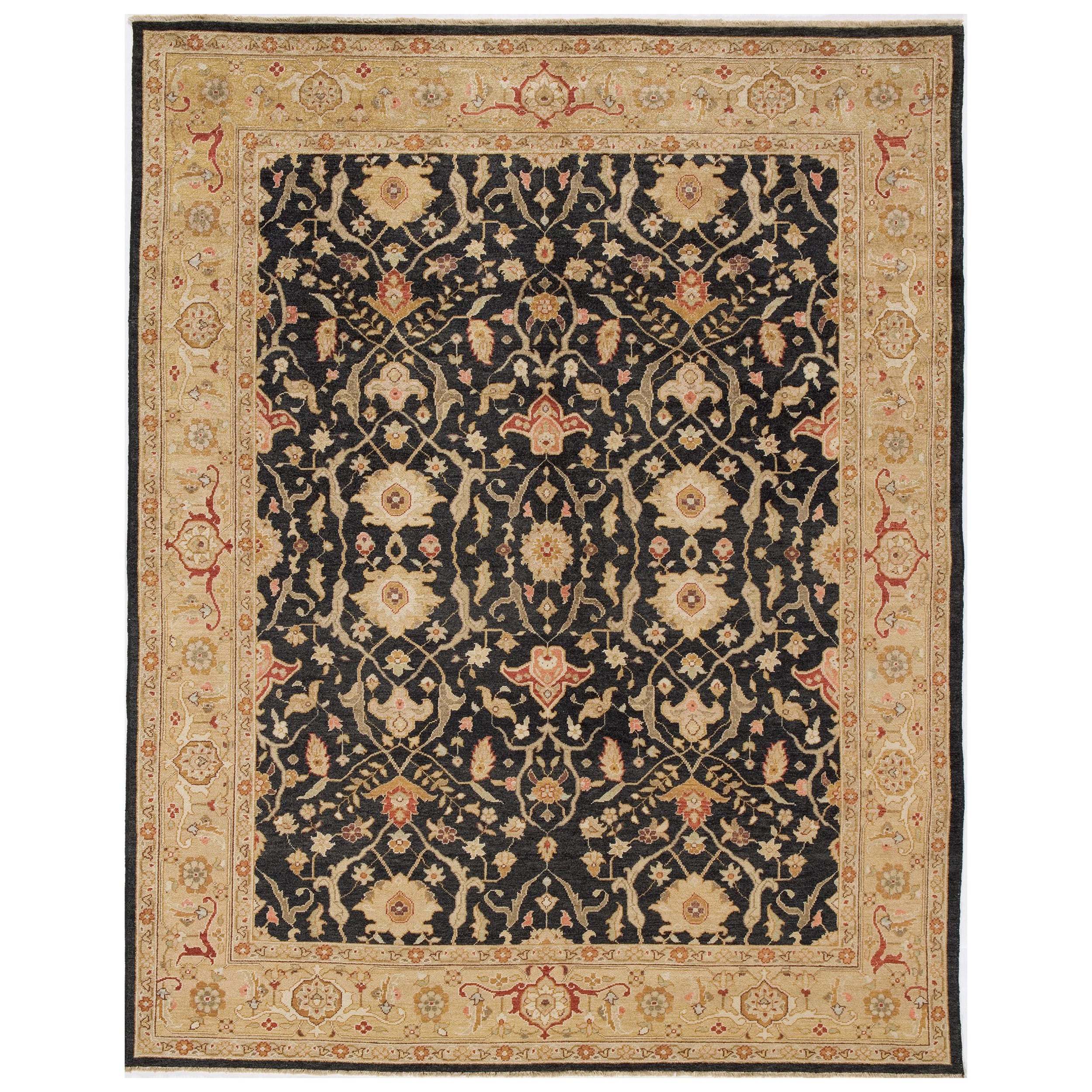 Luxury Traditional Hand-Knotted Tehran Black and Dark Gold 11x18 Rug