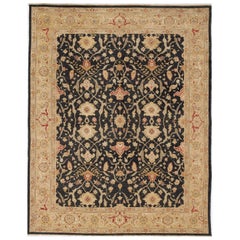 Luxury Traditional Hand-Knotted Tehran Black and Dark Gold 11x18 Rug