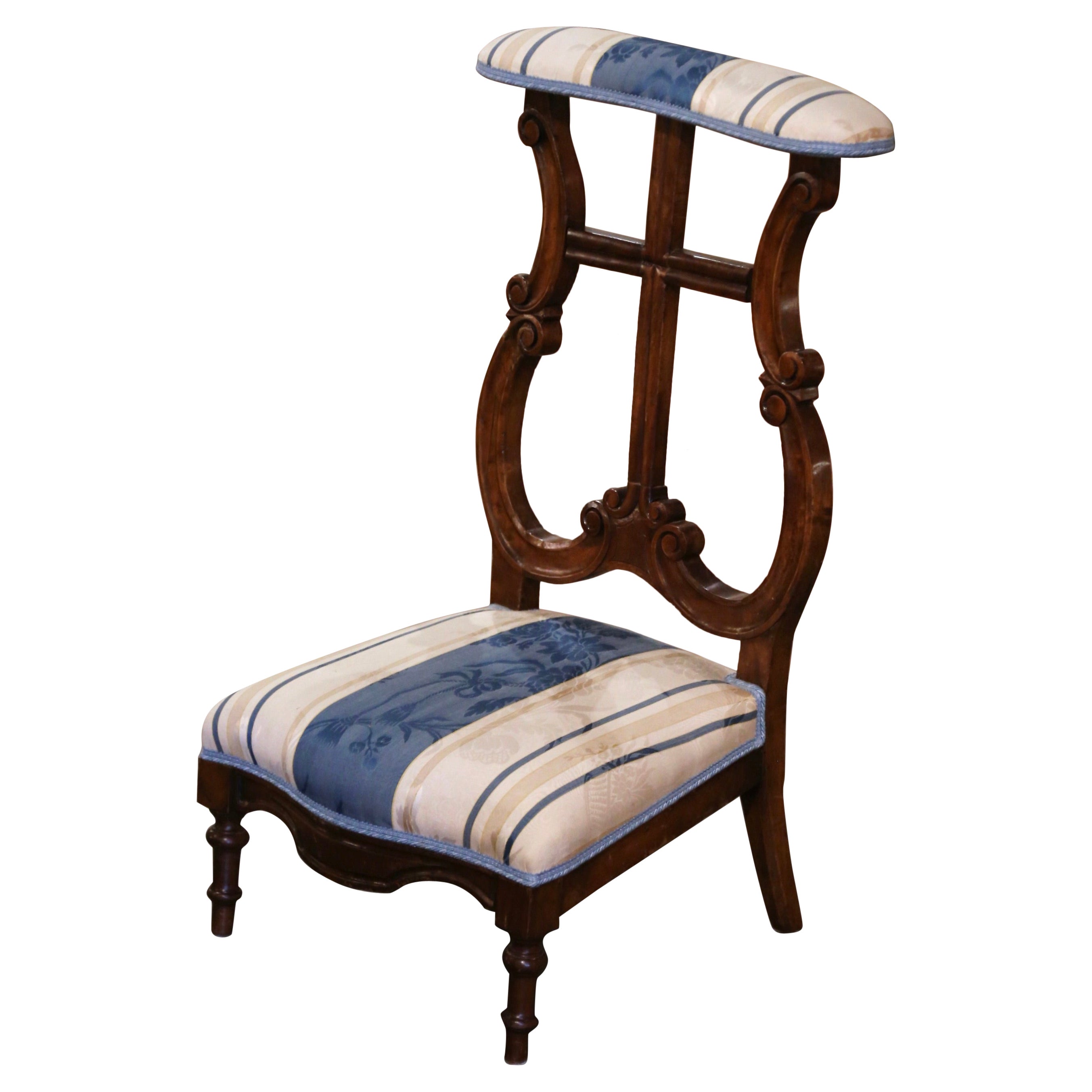 19th Century French Louis XV Upholstered Carved Walnut Prayer Kneeler Bench