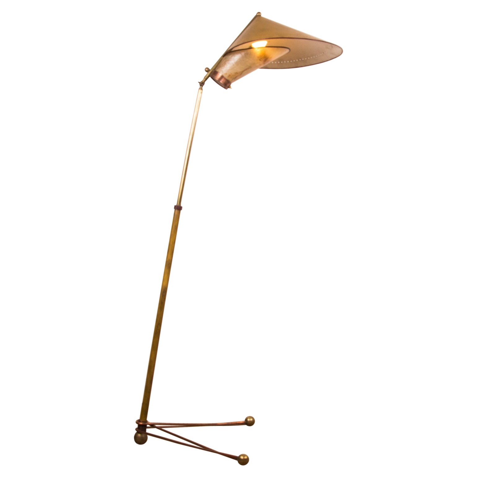 Italian Brass Floor Lamp was conical adjustable by Stilnovo 1950. For Sale