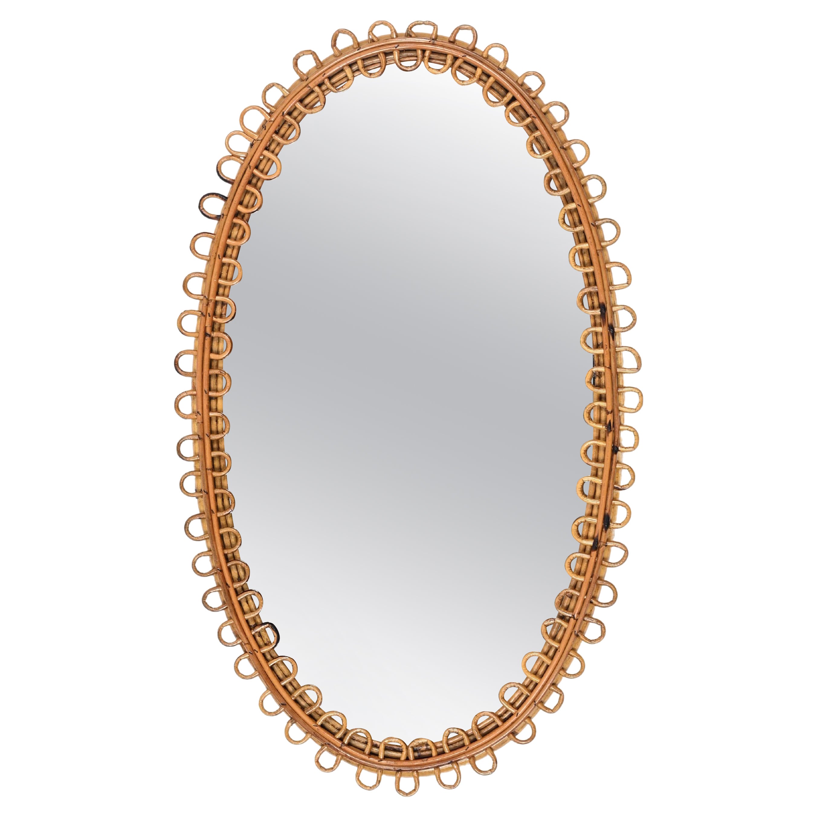 Midcentury French Riviera Oval Mirror in Curved Rattan and Bamboo, Italy 1960s