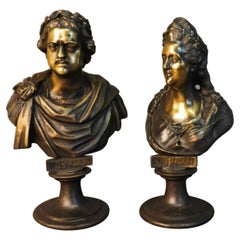 Antique Pair of 19th Russian Bronze Busts of Peter I and Catherine the Great