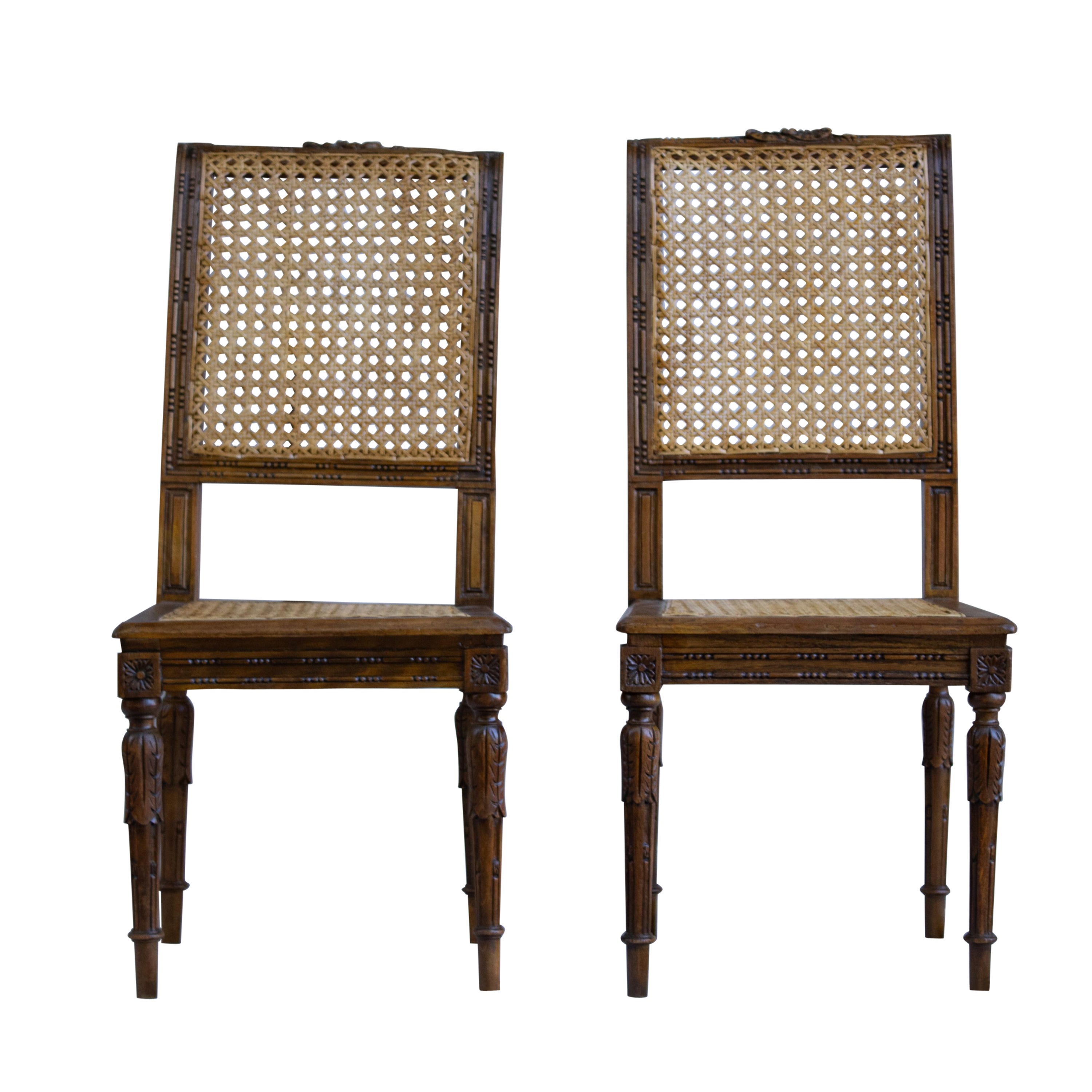 Set of 2 Little Chairs in Louis XVI Style in Wicker Work - Spain - XIX For Sale