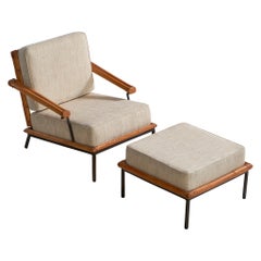 American Designer, Lounge Chair w Ottoman, Iron, Bamboo, Fabric, USA, 1950s