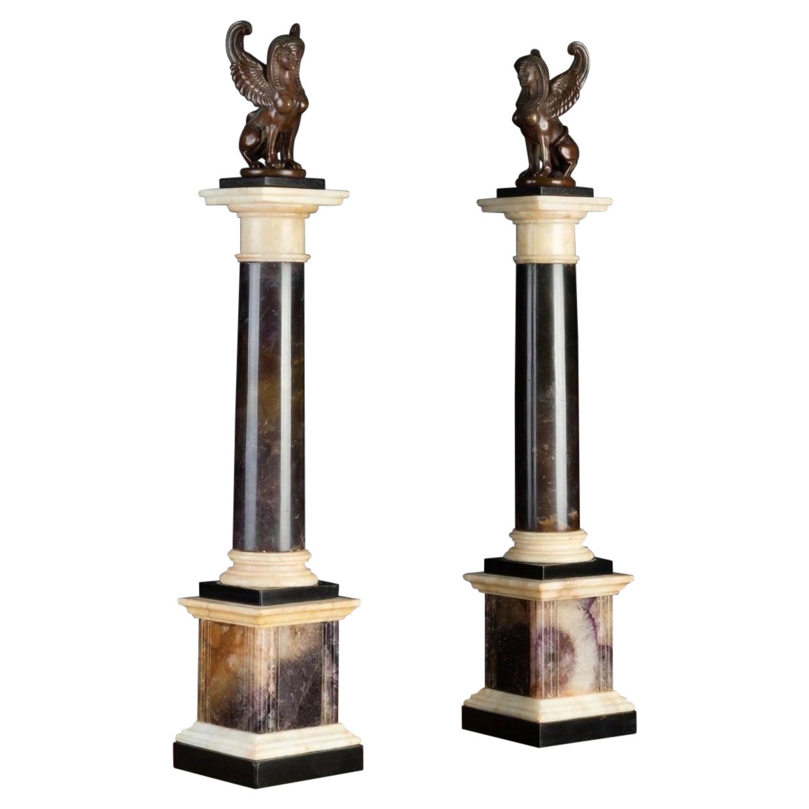 Pair, Grand Tour Neoclassical Bronze & Marble Mounted Blue John Specimen Columns For Sale