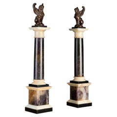 Antique Pair, Grand Tour Neoclassical Bronze & Marble Mounted Blue John Specimen Columns