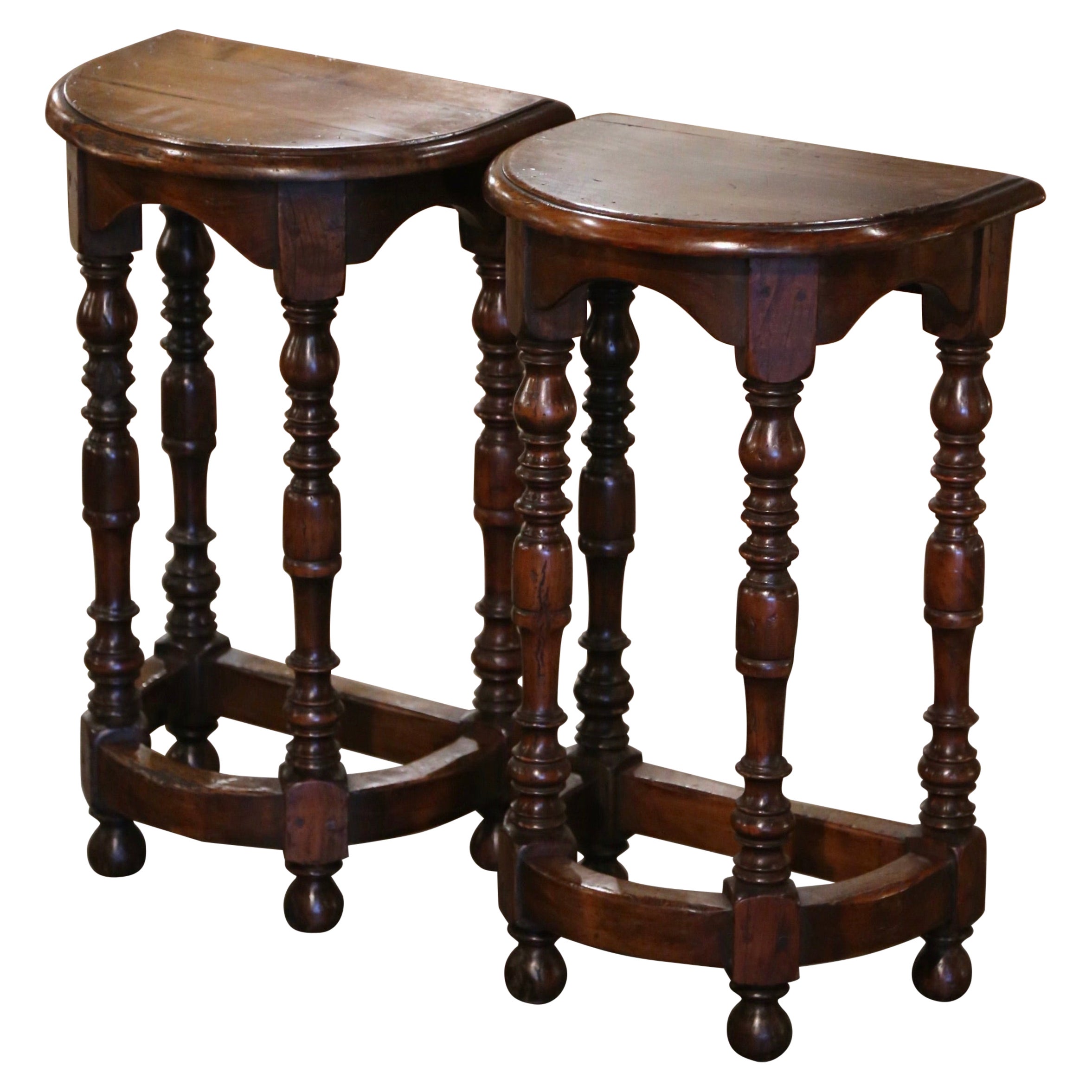 Pair Early 20th Century French Carved Oak Turned Leg Demilune Side Tables For Sale