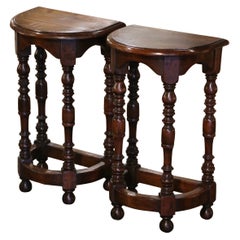 Antique Pair Early 20th Century French Carved Oak Turned Leg Demilune Side Tables