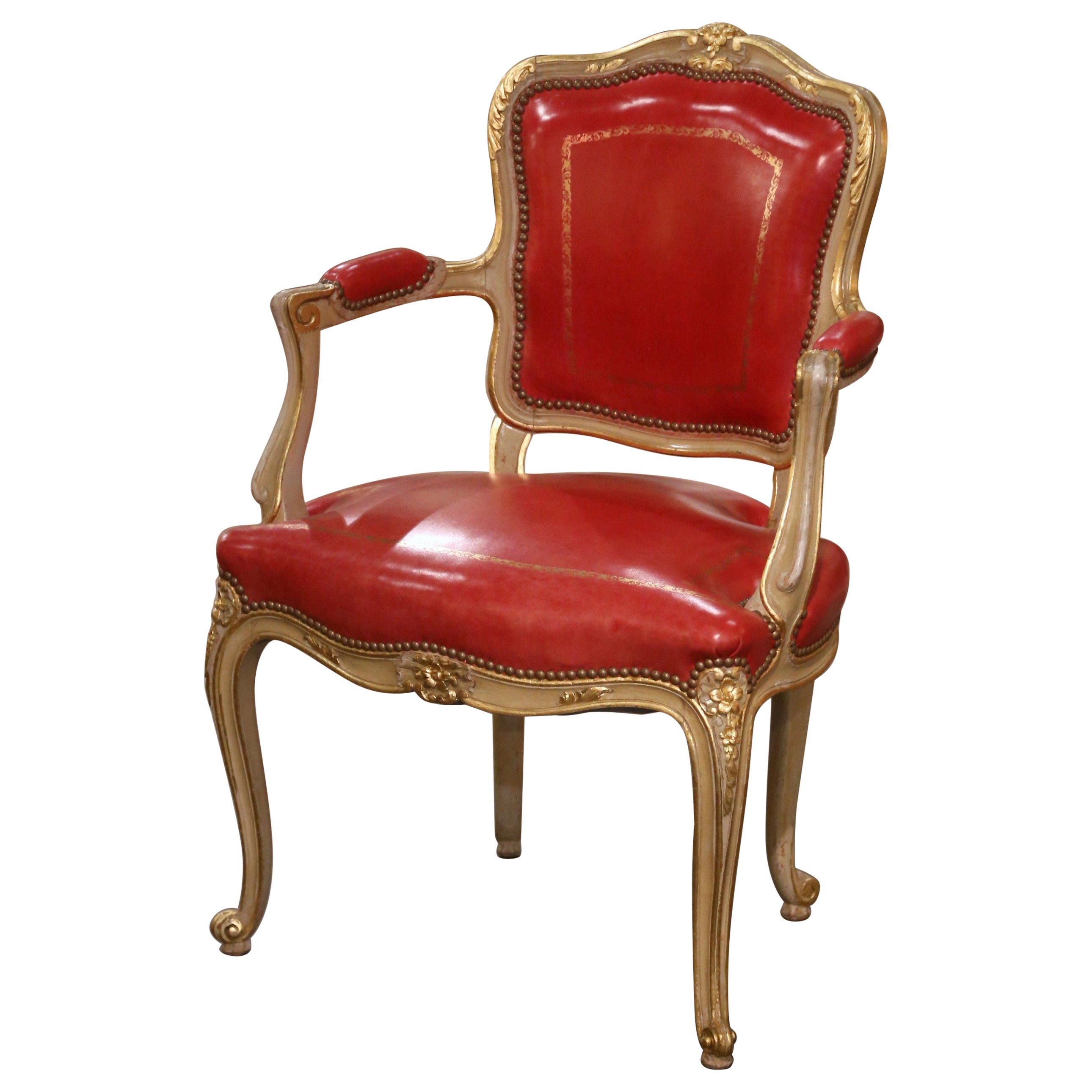 Mid-Century French Louis XV Red Leather Carved Painted and Gilt Desk Armchair For Sale