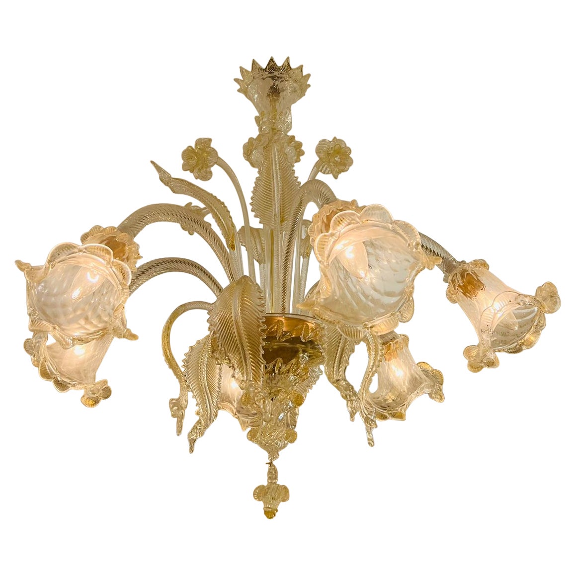 Barovier&Toso Murano glass Pair (2) chandeliers with gold and flowers circa 1950