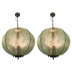 Vintage Fontana Arte pair of italian chandeliers in engraved glass and metal circa 1950