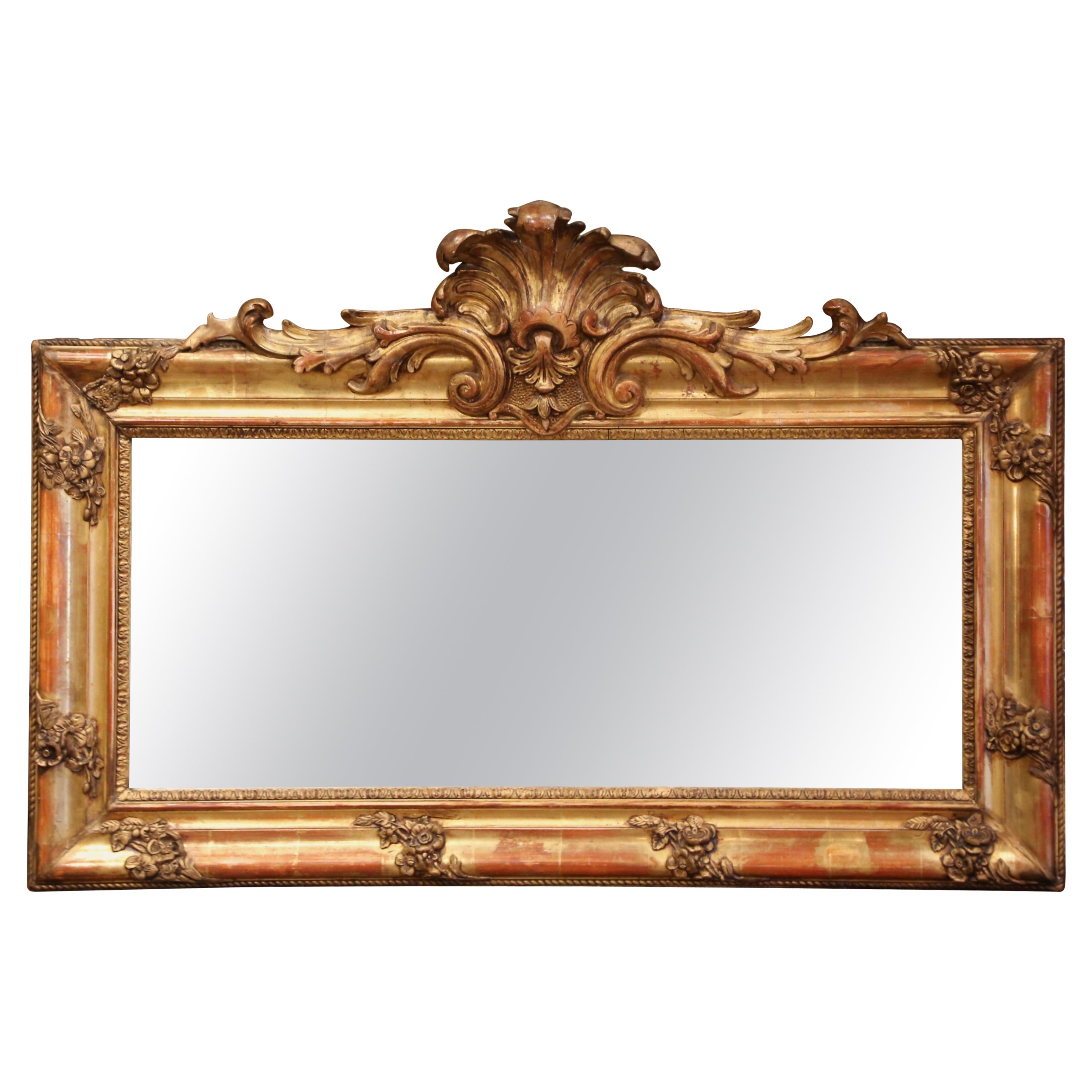 19th Century French Louis XV Carved Giltwood Wall Mirror with Shell Cartouche For Sale