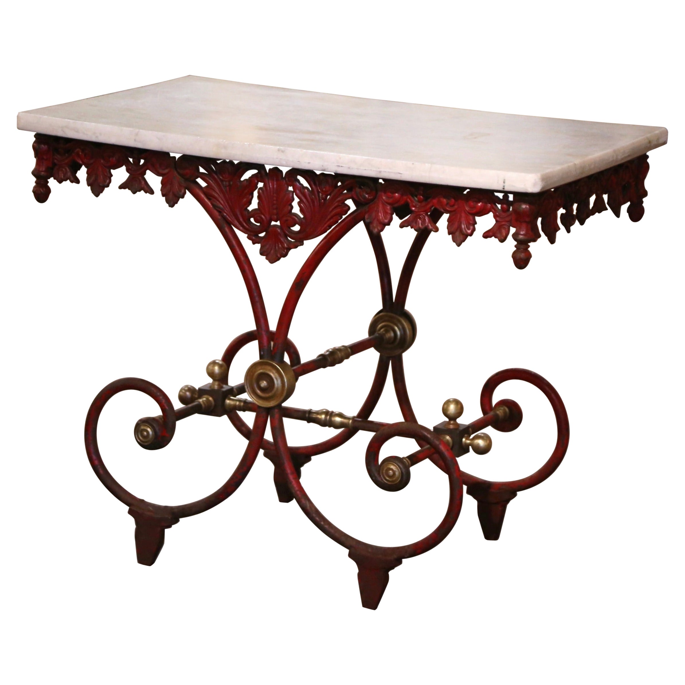18th Century French Marble Top Red Painted Iron Pastry Table with Bronze Mounts For Sale