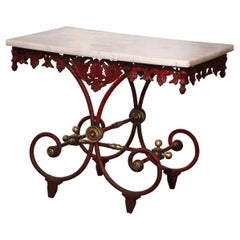 18th Century French Marble Top Red Painted Iron Pastry Table with Bronze Mounts
