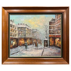 Antique Mid-Century French Signed Parisian Street Scene Oil on Canvas Painting 