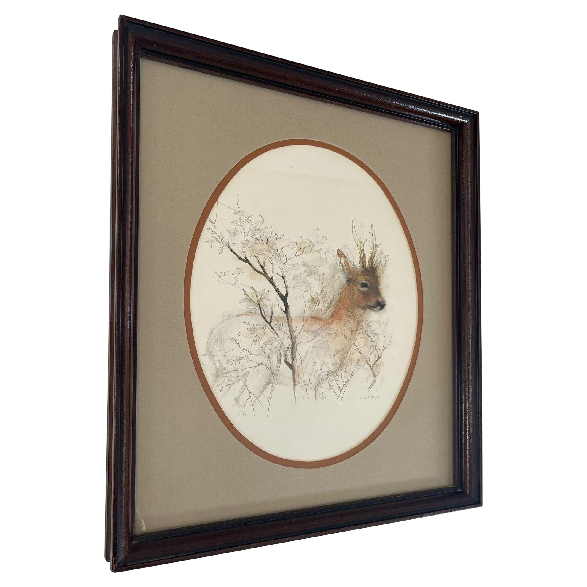 Œuvre d'art vintage originale encadrée et signée de cerfs et d'arbres en vente