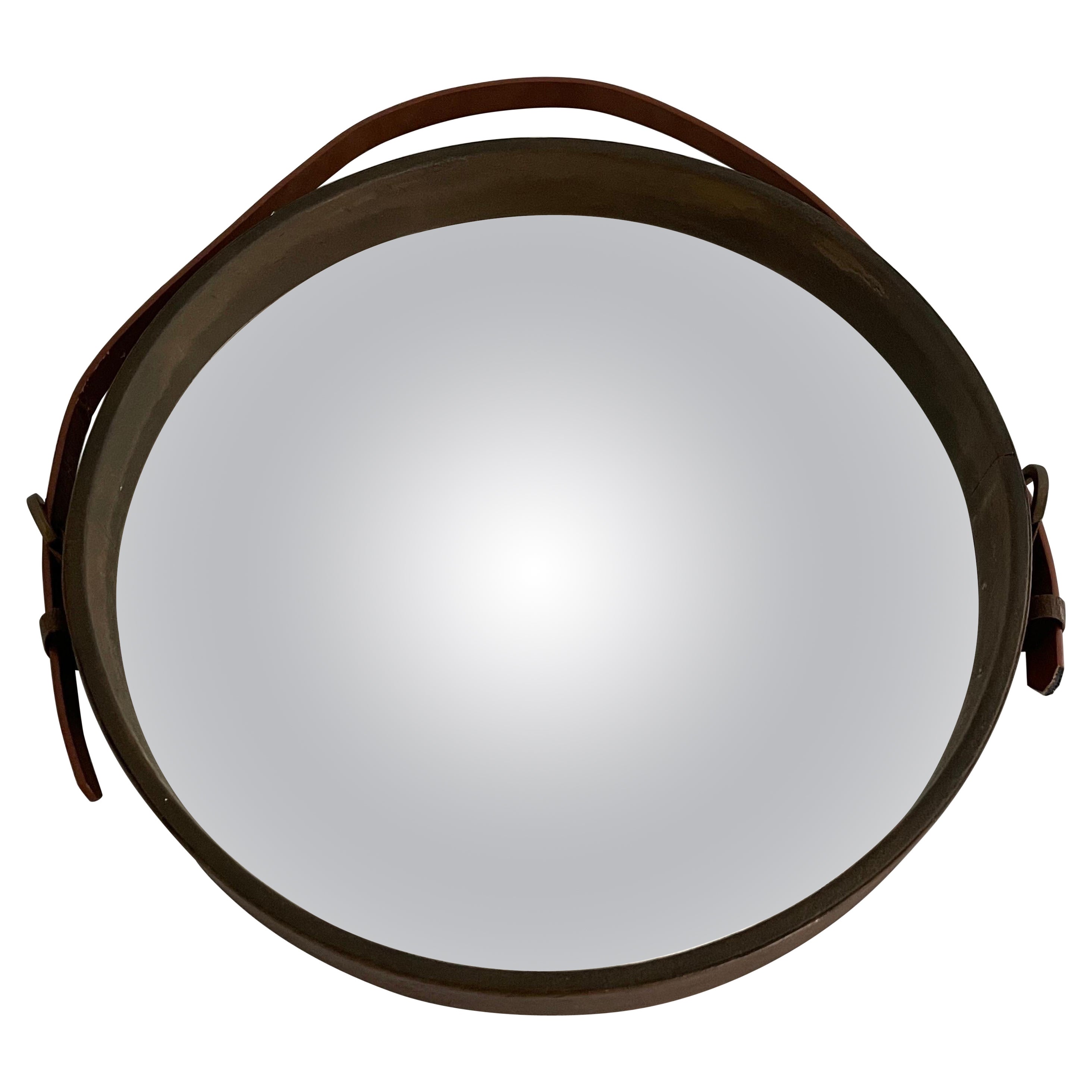 Round Leather Wall Mirror with Leather Strap, 1960s, Italy For Sale