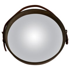 Vintage Round Leather Wall Mirror with Leather Strap, 1960s, Italy