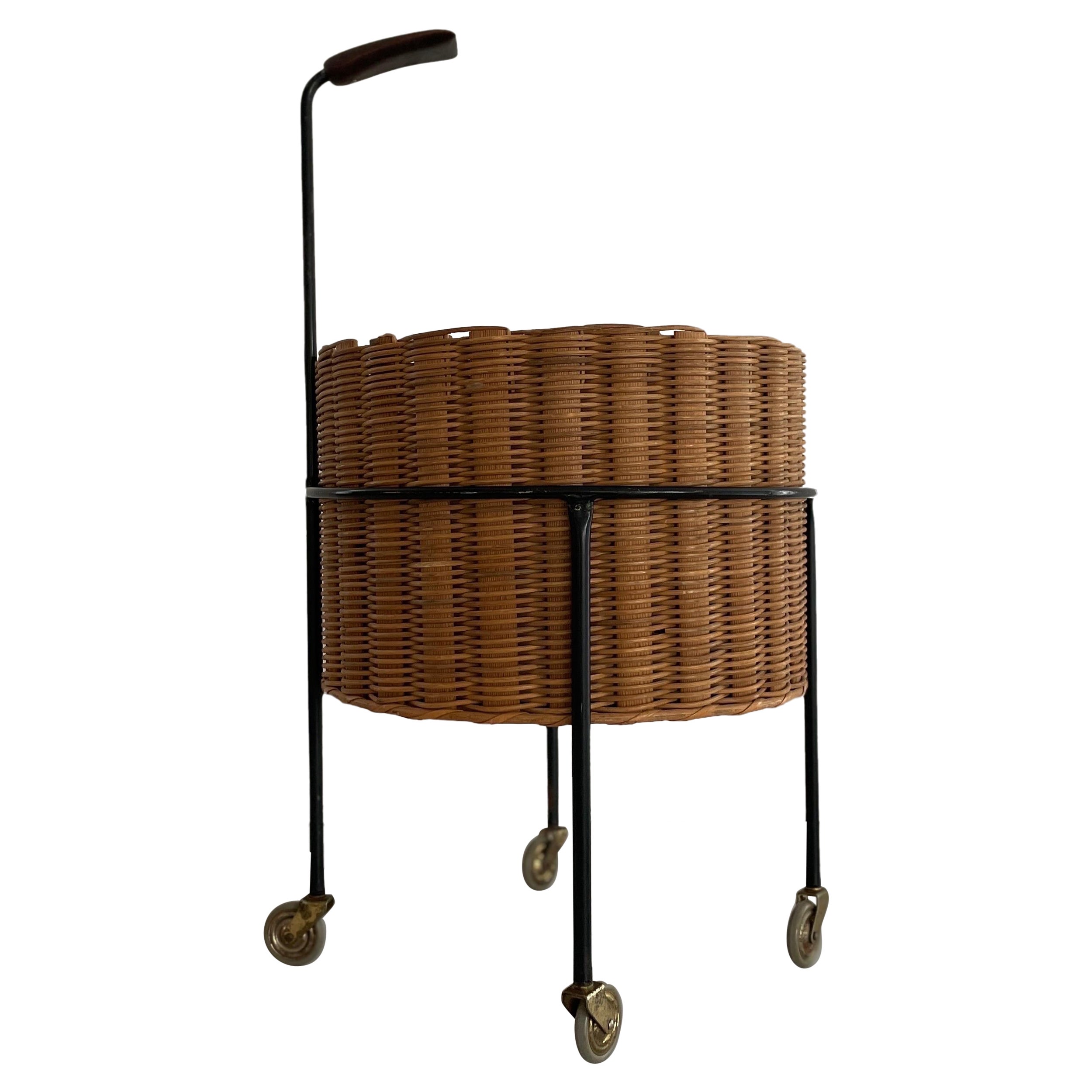 Wicker and Black Metal Serving Bar Cart Bottle Holder, 1960s, Germany