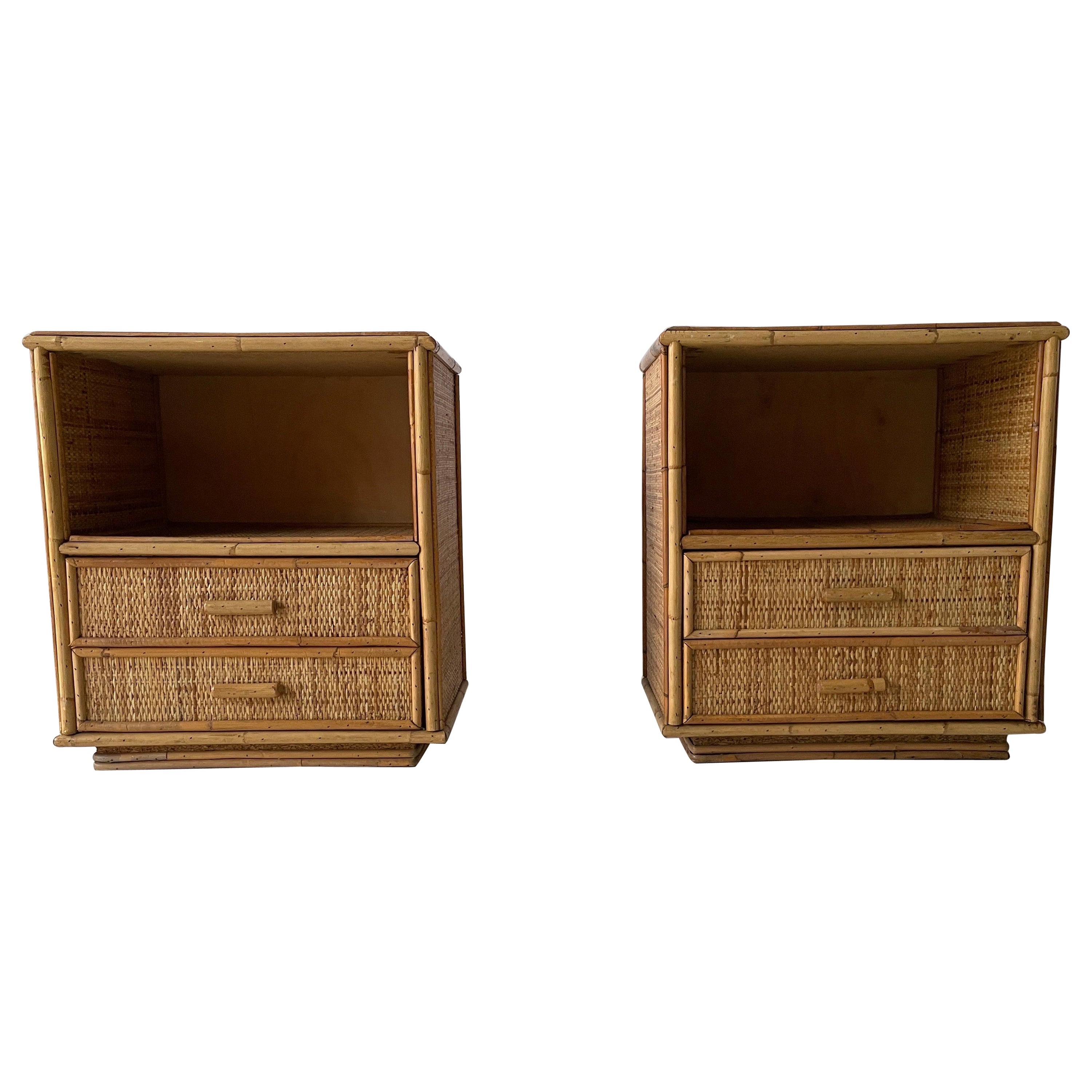 Mid-century Bamboo & Rattan Pair of Bedside Tables, 1970s, Italy For Sale