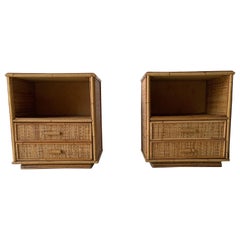 Mid-century Bamboo & Rattan Pair of Bedside Tables, 1970s, Italy