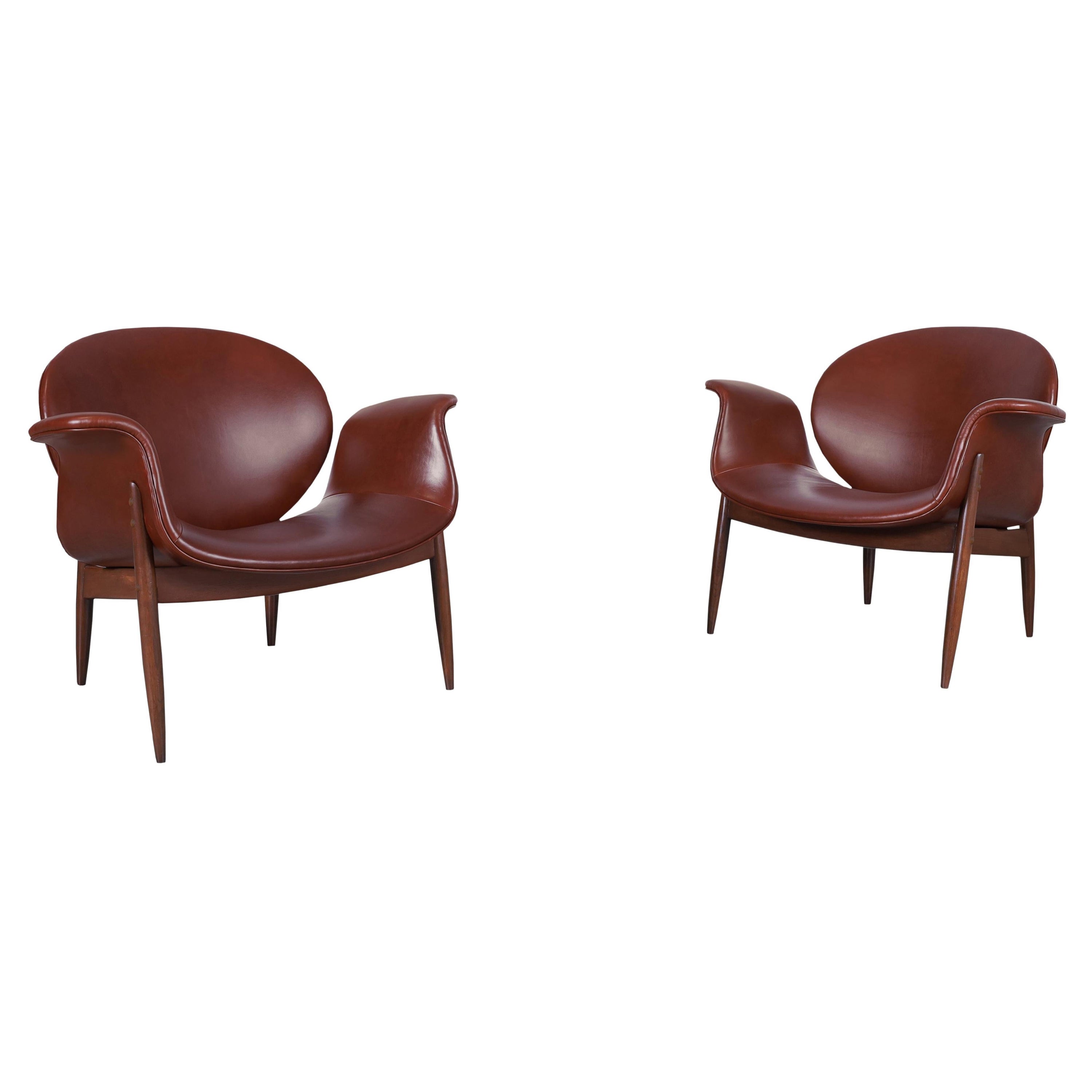 Vintage Leather and Walnut "Swan" Lounge Chairs by Arthur Umanoff