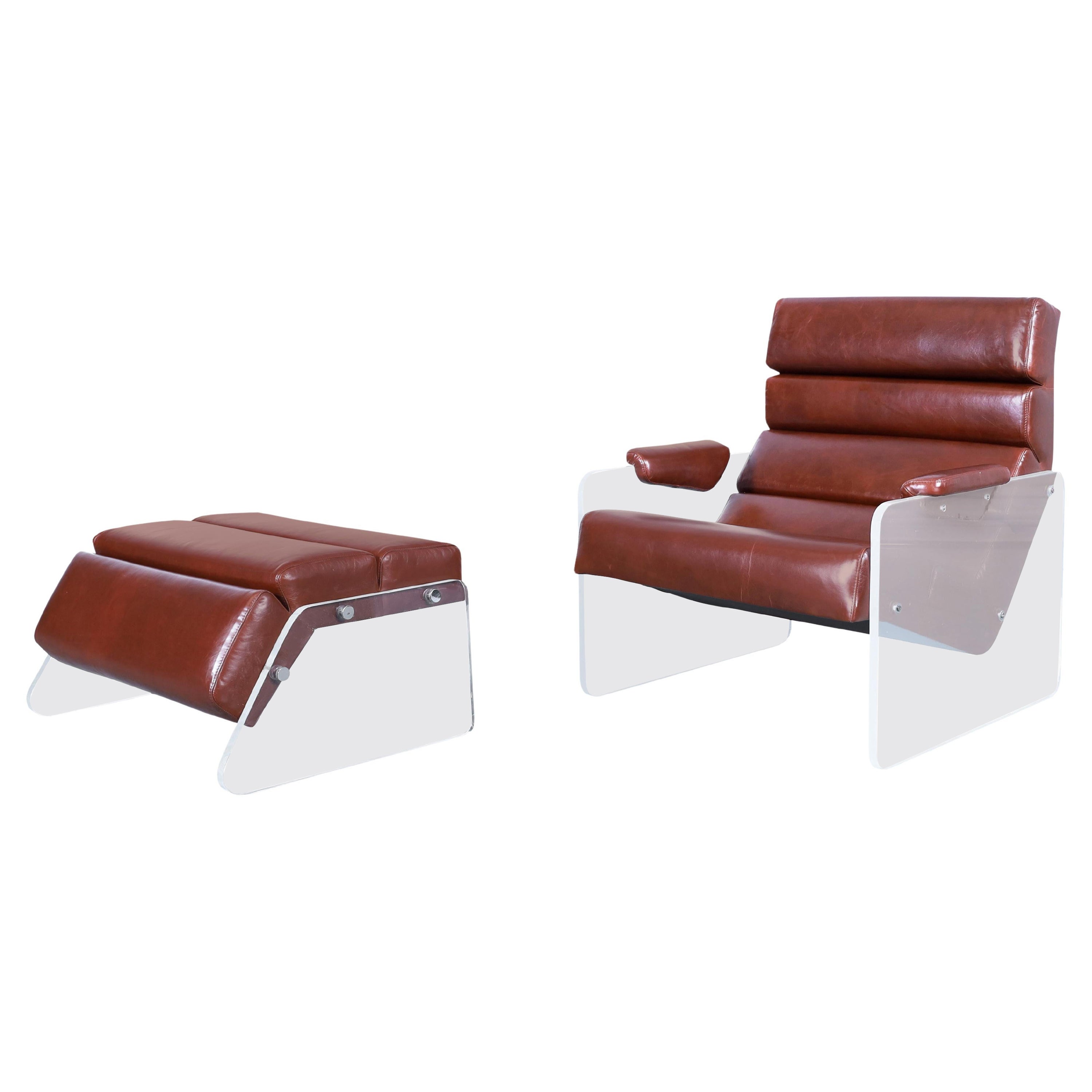 Vintage Lucite and Leather Lounge Chair and Ottoman For Sale