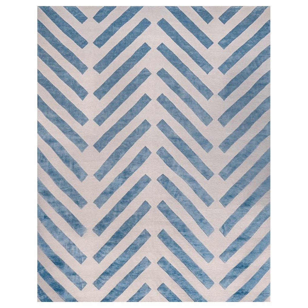"Binaire - Bleu + Crème" /  9 x 12' / Tapis en laine et soie noués à la main en vente