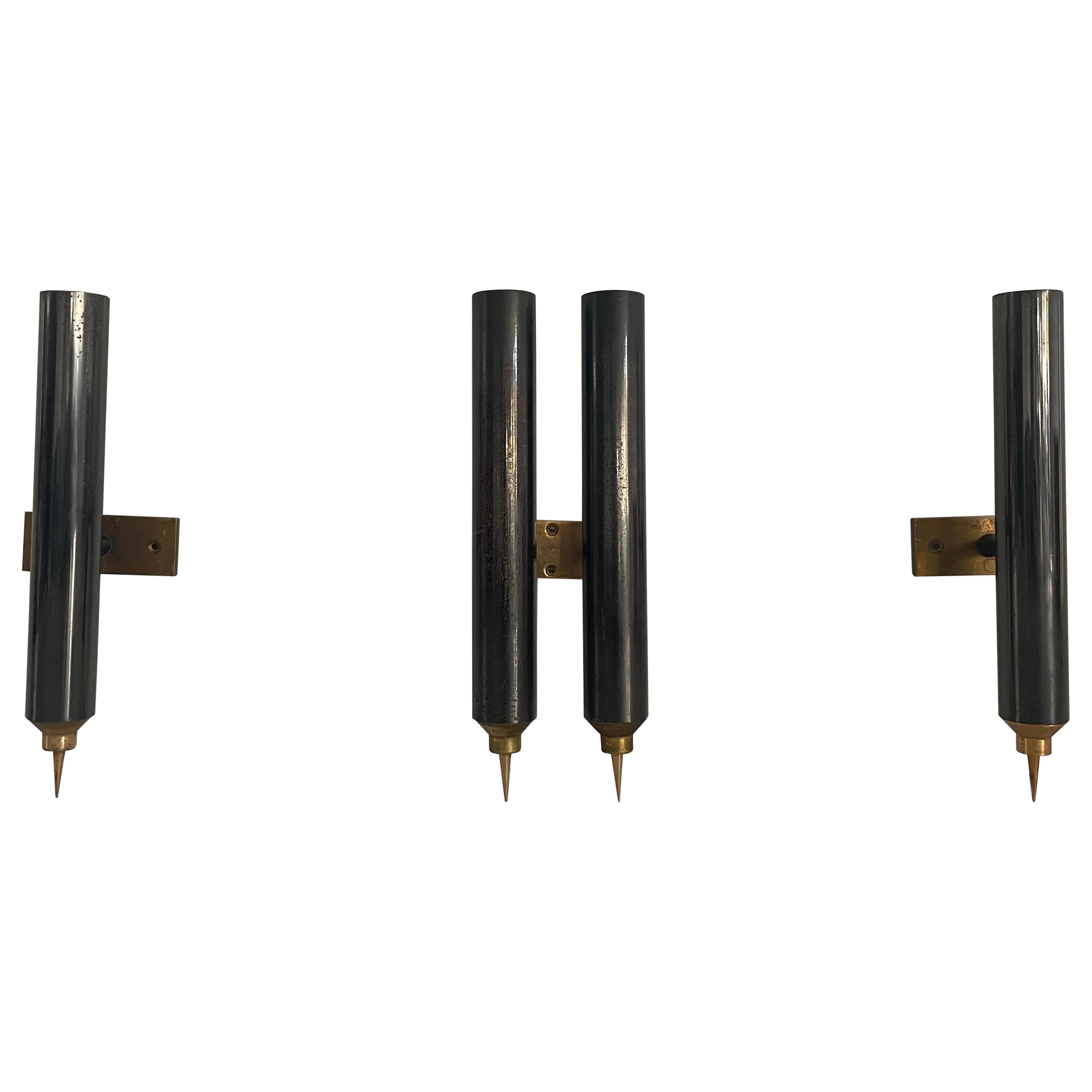 Set of 3 Modernist Tube Design Wall Sconces, 1960s, Italy