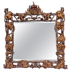 Large Rare Hollywood Regency Hand Carved Wood Silver Gilded Grapevine Mirror.
