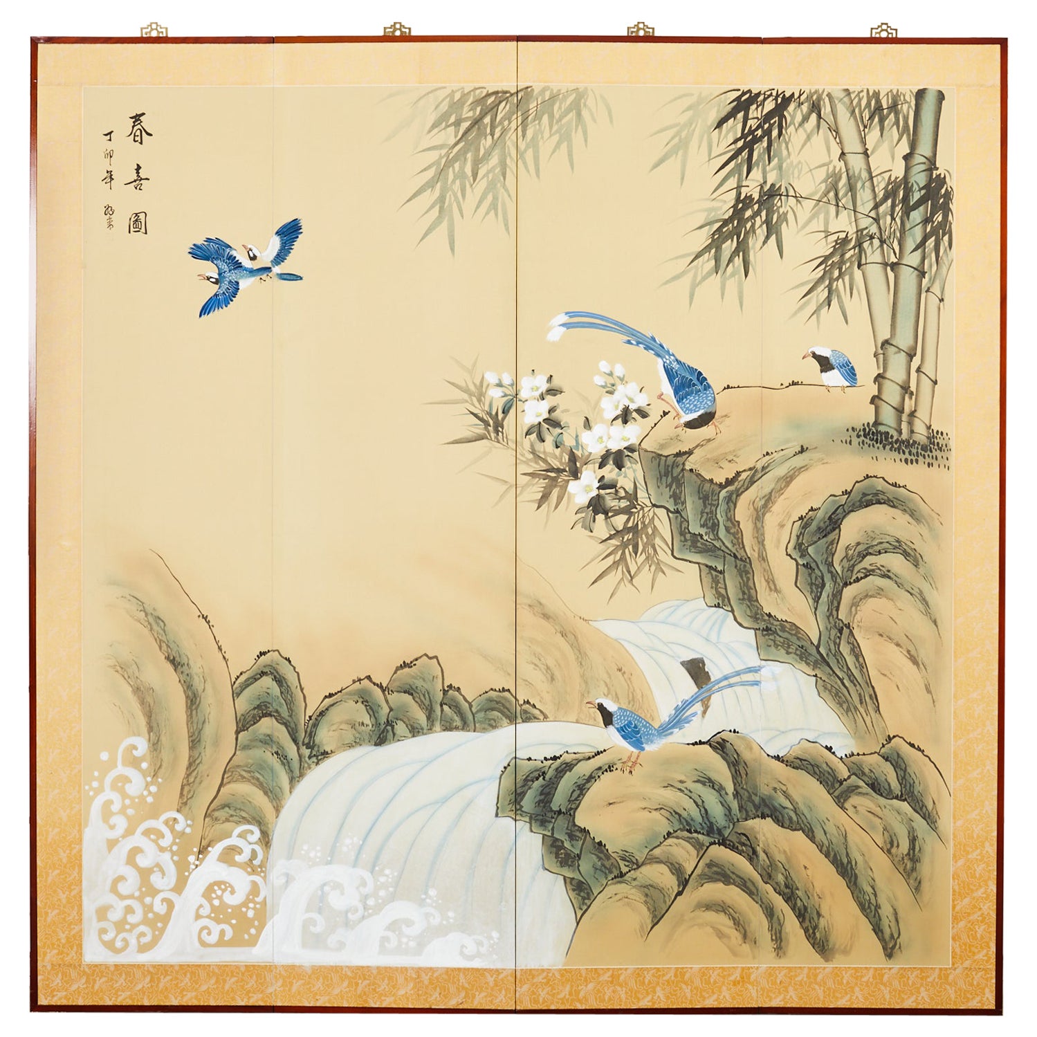 Japanese Style Four Panel Screen Bamboo Waterfall with Magpies For Sale