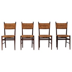 Set of 4 walnut Italian mid century chairs with rush seating