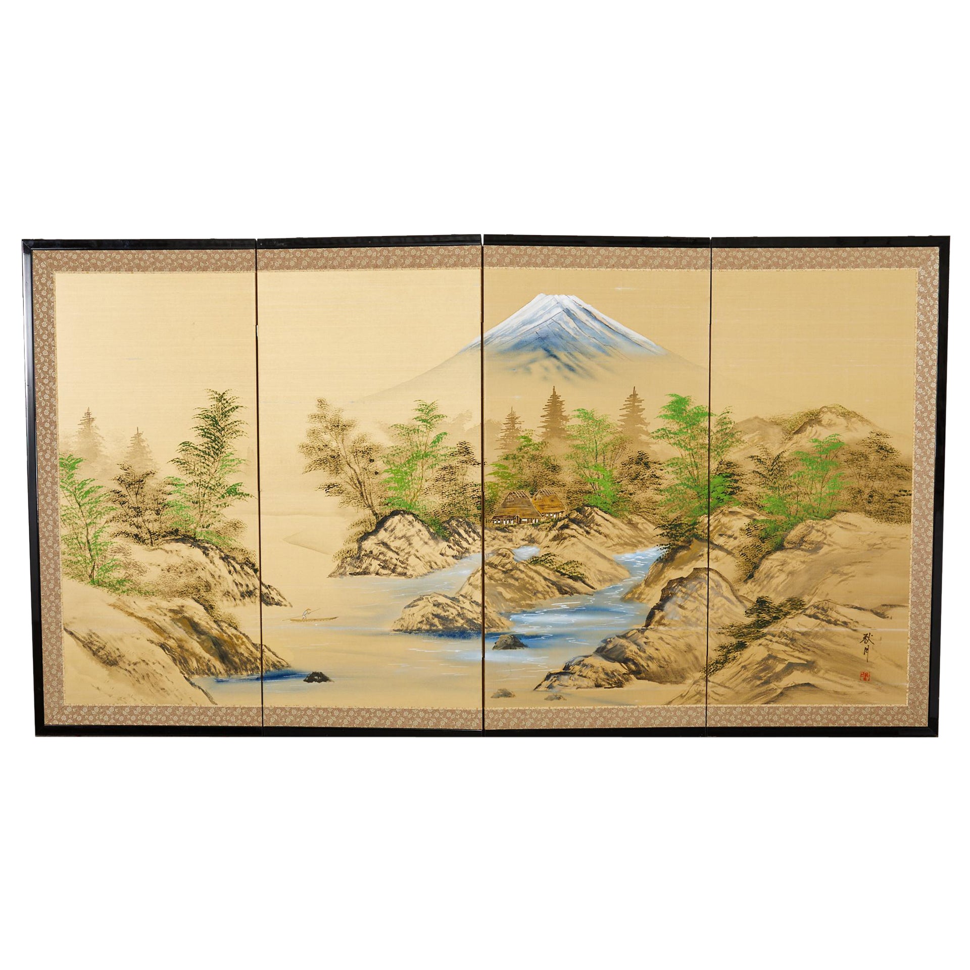 Japanese Showa Four Panel Screen Mount Fuji Landscape For Sale