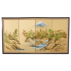 Antique Japanese Showa Four Panel Screen Mount Fuji Landscape